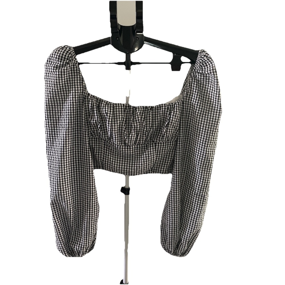 Princess Polly Black & White Gingham Cropped Long Sleeve Blouse‎ Size 6